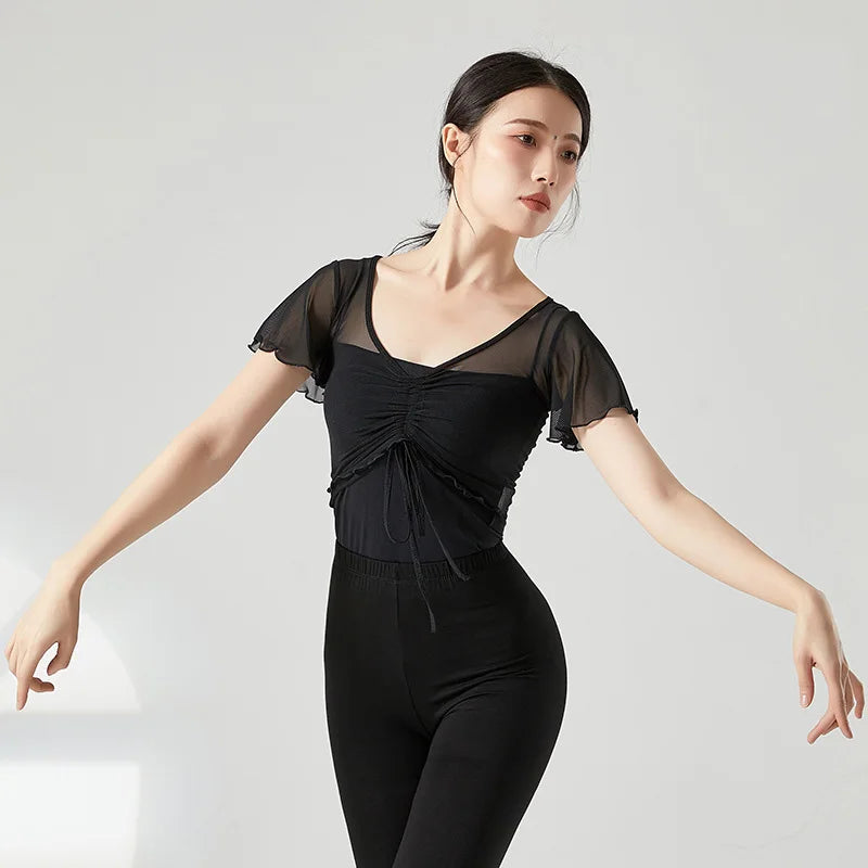 Classical Dance Top Costume For Women Ruffle Short Sleeve Saree Outfit Drawstring Gauze Mesh Performance Ballet Training Clothes