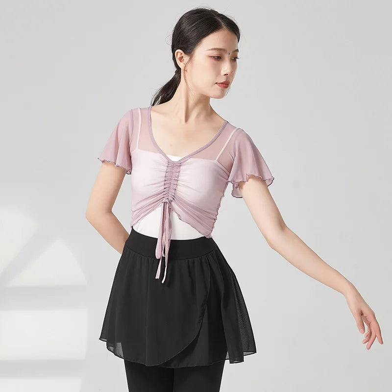 Classical Dance Top Costume For Women Ruffle Short Sleeve Saree Outfit Drawstring Gauze Mesh Performance Ballet Training Clothes