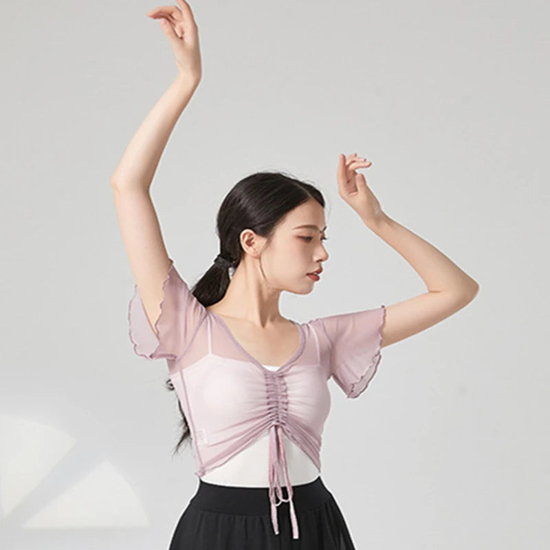 Classical Dance Top Costume For Women Ruffle Short Sleeve Saree Outfit Drawstring Gauze Mesh Performance Ballet Training Clothes