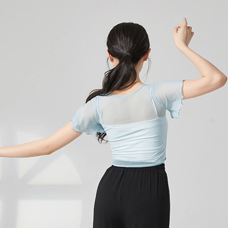 Classical Dance Top Costume For Women Ruffle Short Sleeve Saree Outfit Drawstring Gauze Mesh Performance Ballet Training Clothes
