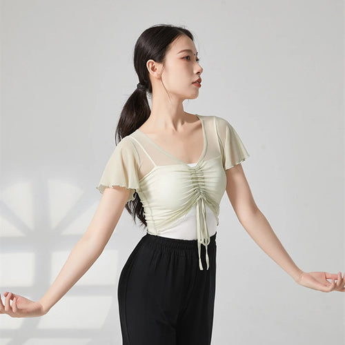 Classical Dance Top Costume For Women Ruffle Short Sleeve Saree Outfit Drawstring Gauze Mesh Performance Ballet Training Clothes