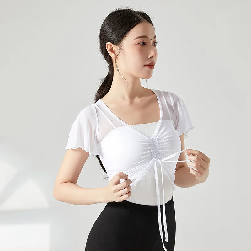 Classical Dance Top Costume For Women Ruffle Short Sleeve Saree Outfit Drawstring Gauze Mesh Performance Ballet Training Clothes
