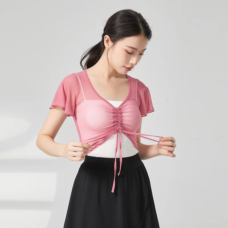 Classical Dance Top Costume For Women Ruffle Short Sleeve Saree Outfit Drawstring Gauze Mesh Performance Ballet Training Clothes