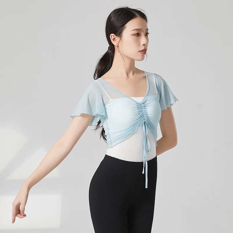Classical Dance Top Costume For Women Ruffle Short Sleeve Saree Outfit Drawstring Gauze Mesh Performance Ballet Training Clothes