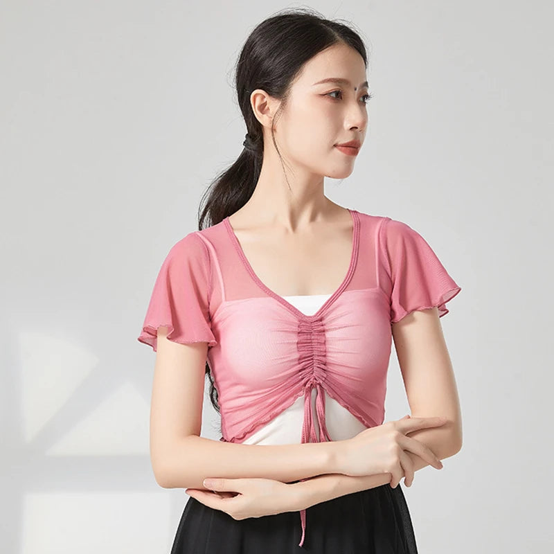 Classical Dance Top Costume For Women Ruffle Short Sleeve Saree Outfit Drawstring Gauze Mesh Performance Ballet Training Clothes