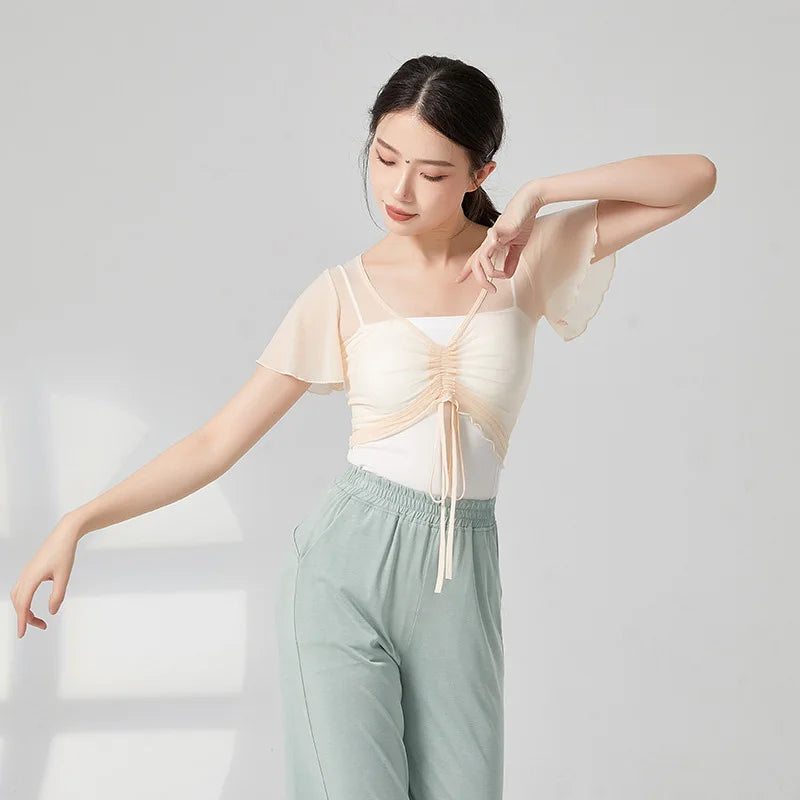 Classical Dance Top Costume For Women Ruffle Short Sleeve Saree Outfit Drawstring Gauze Mesh Performance Ballet Training Clothes