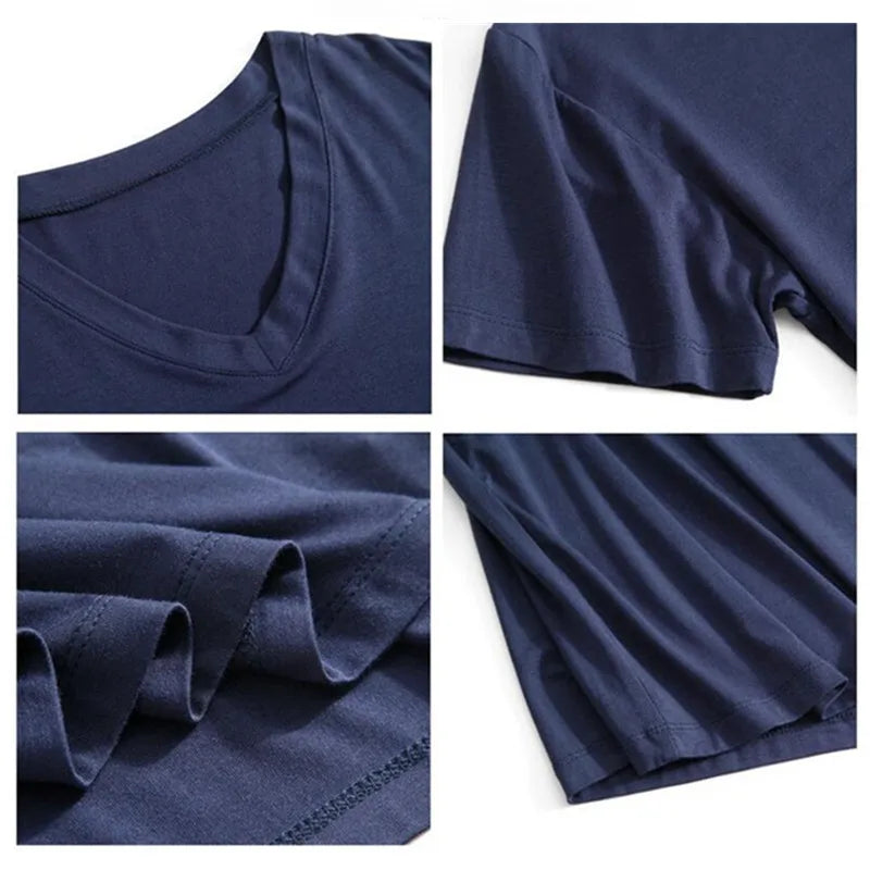 Summer Sleep Tops for Men Viscose Plus Size Pajamas Soft Modal Cotton Man Sleepwear Short Sleeve Sleep Tee Shirt Home Clothes