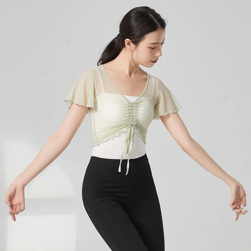 Classical Dance Top Costume For Women Ruffle Short Sleeve Saree Outfit Drawstring Gauze Mesh Performance Ballet Training Clothes